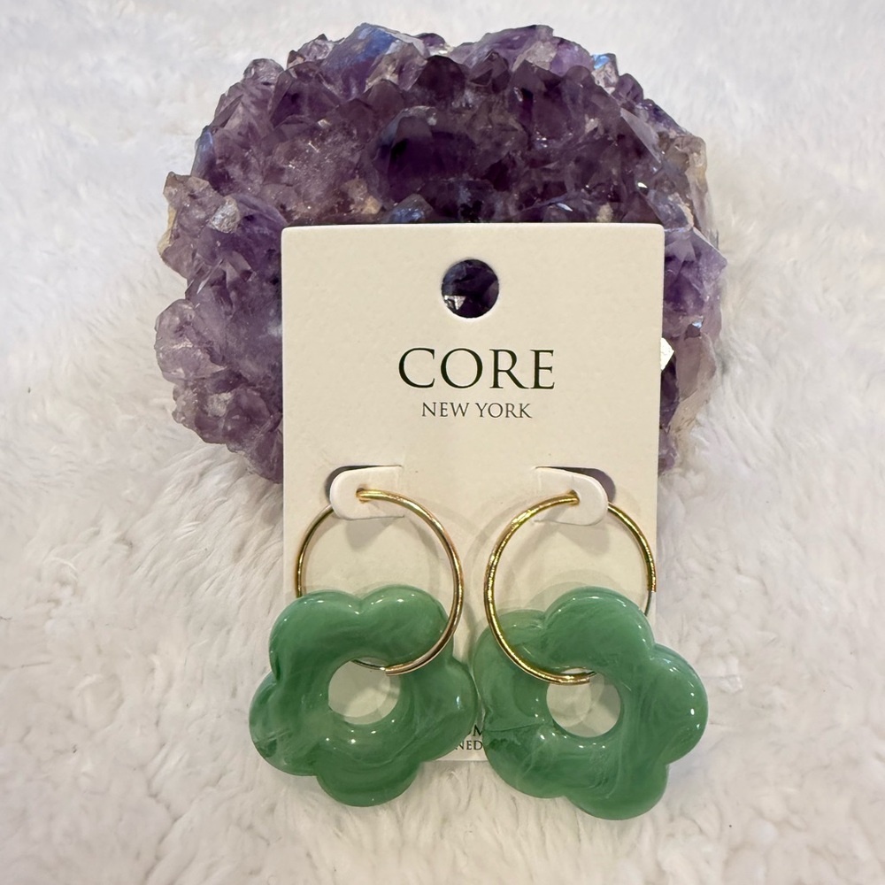 Green and Gold Tone Floral Earrings with Jade-Like Design
